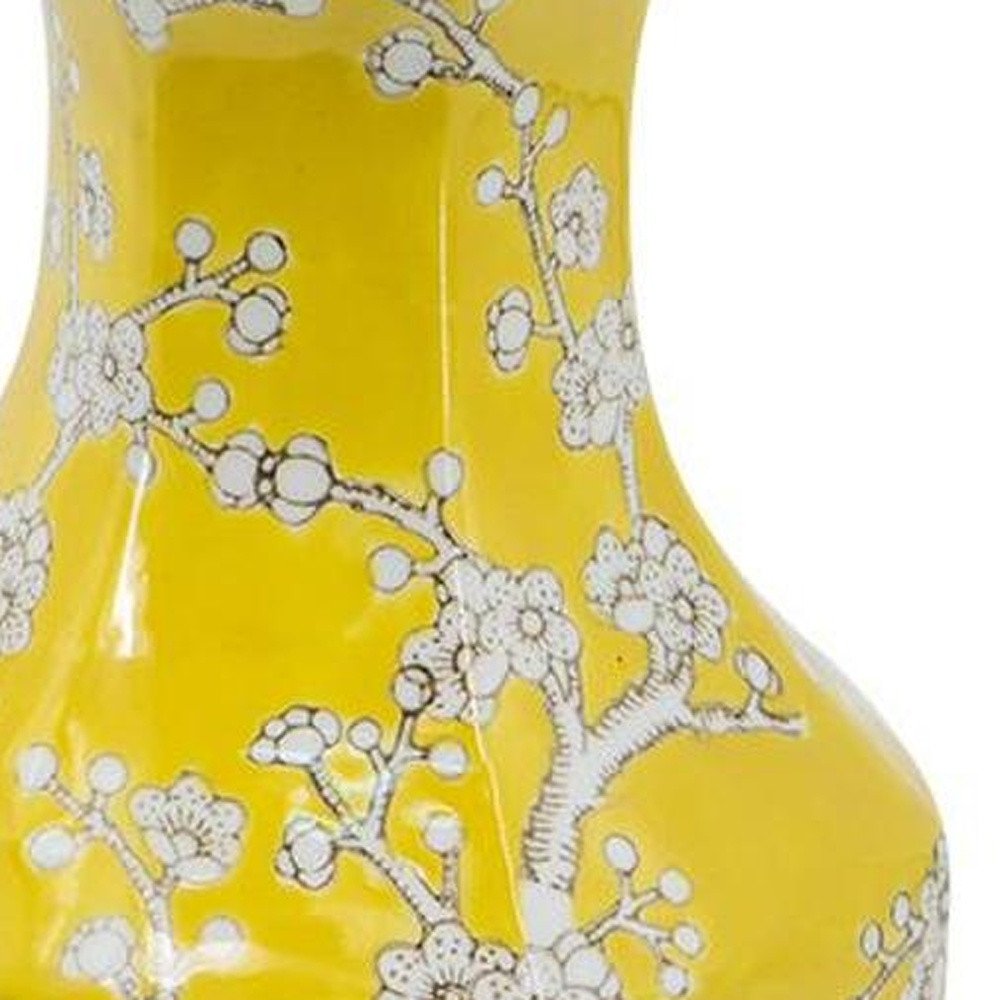 14" Yellow And White Floral Porcelain Round Table Vase