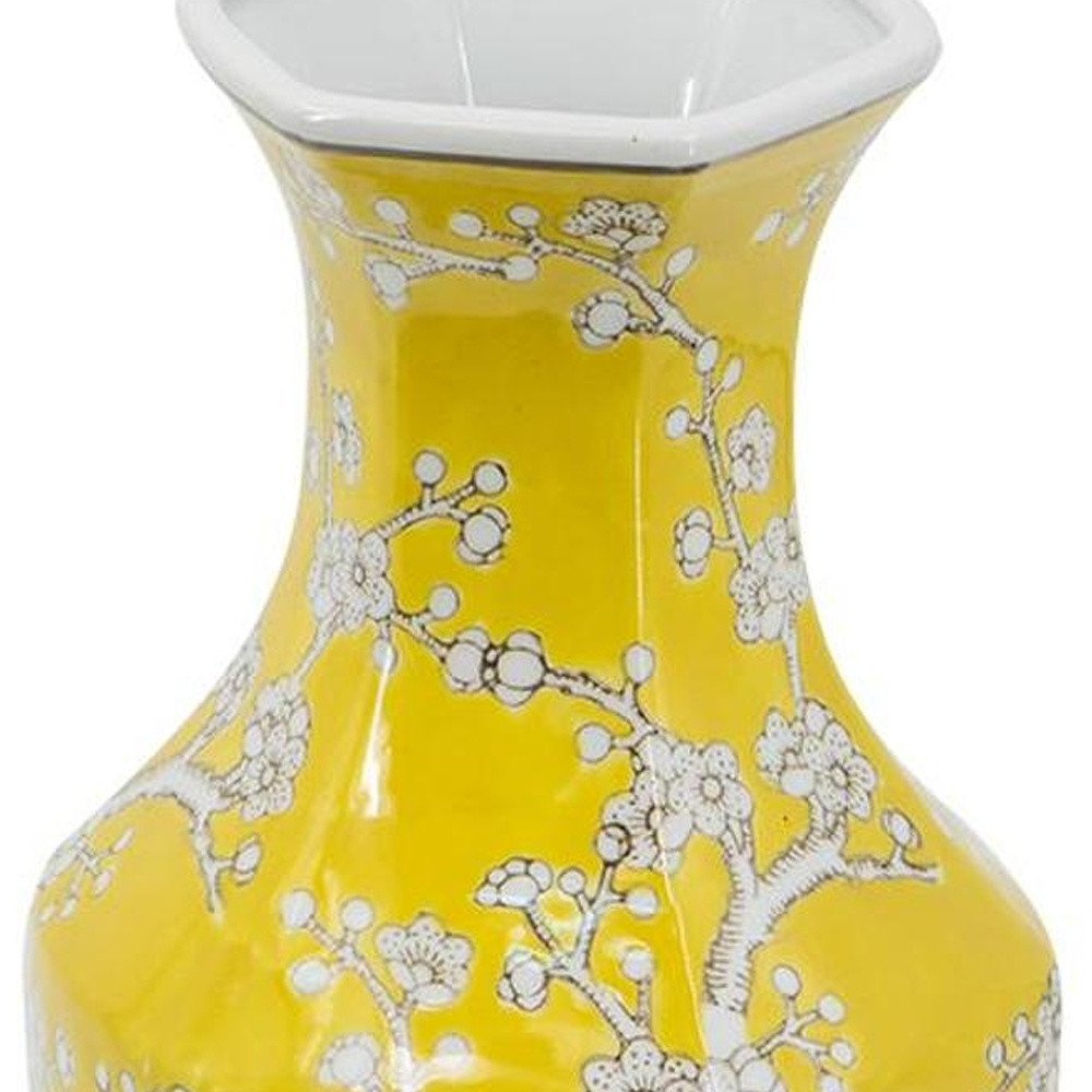 14" Yellow And White Floral Porcelain Round Table Vase