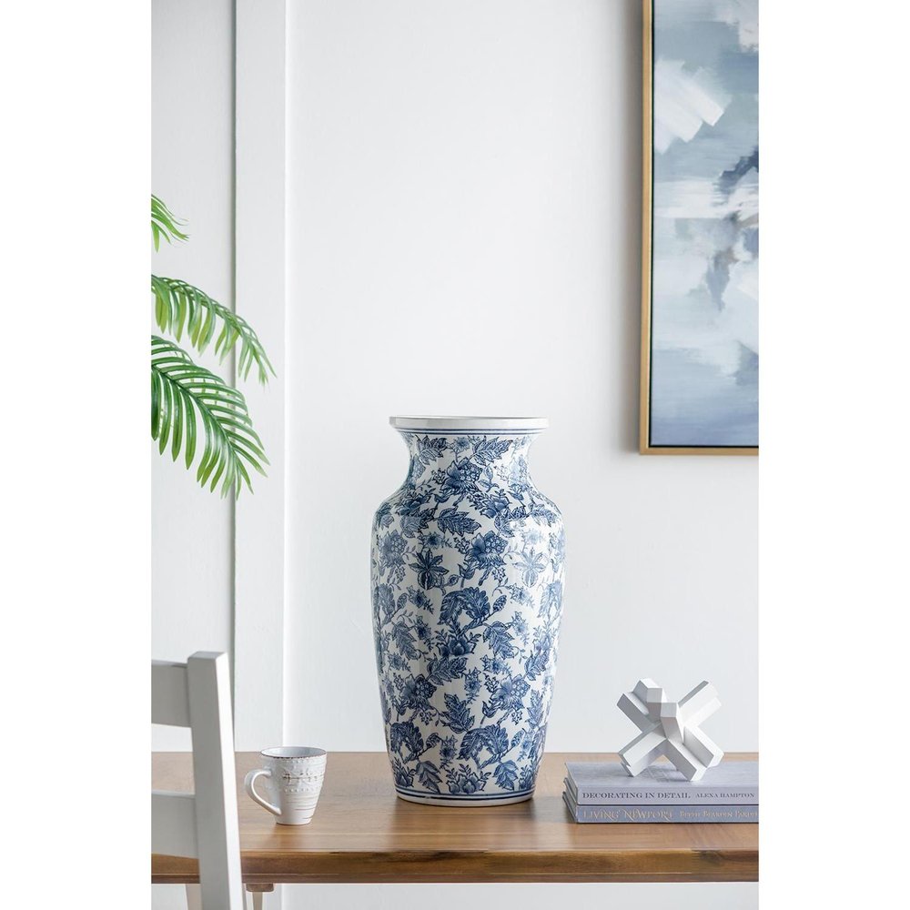 24" Blue And White Chinoiserie Porcelain Urn Table Vase