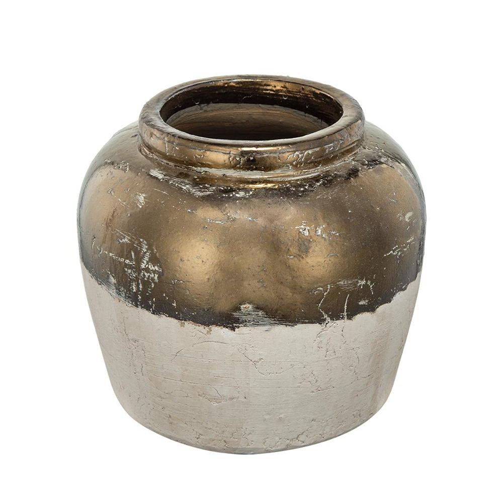 11" Beige And Bronze Terracotta Round Jug Vase