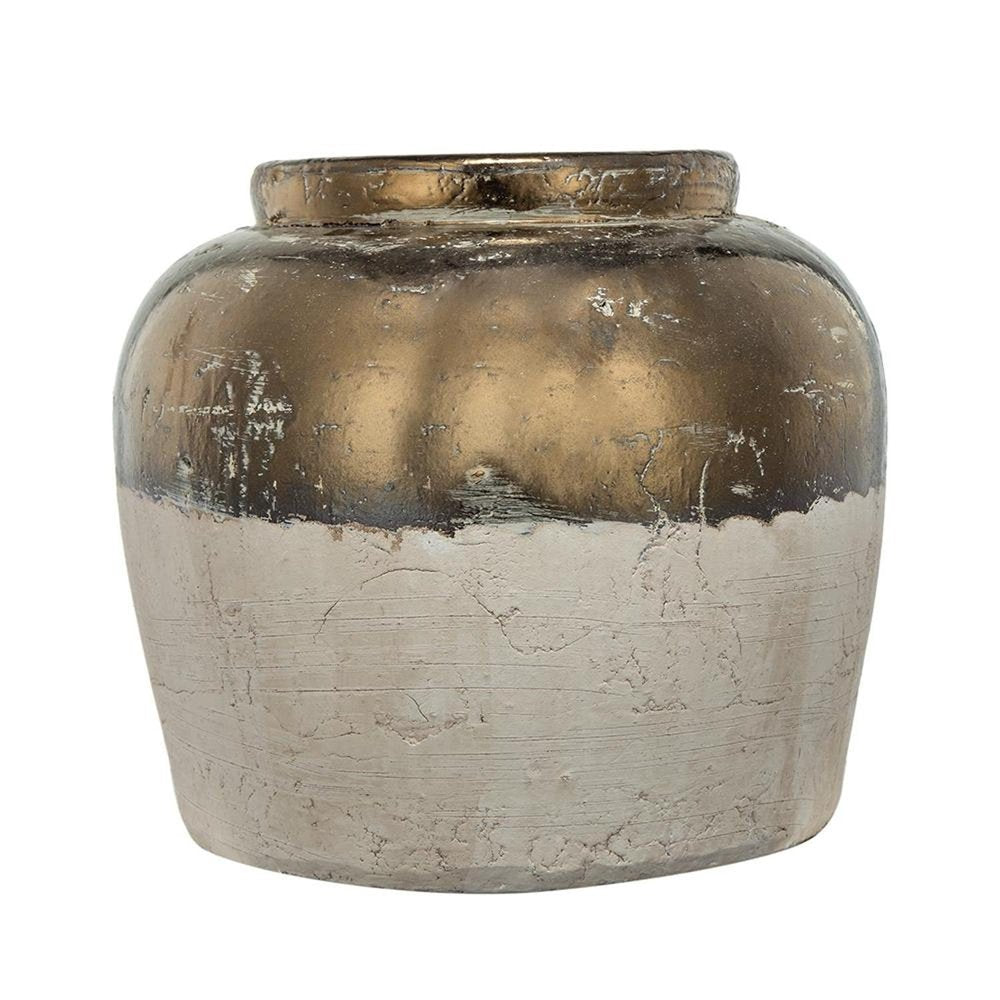 11" Beige And Bronze Terracotta Round Jug Vase