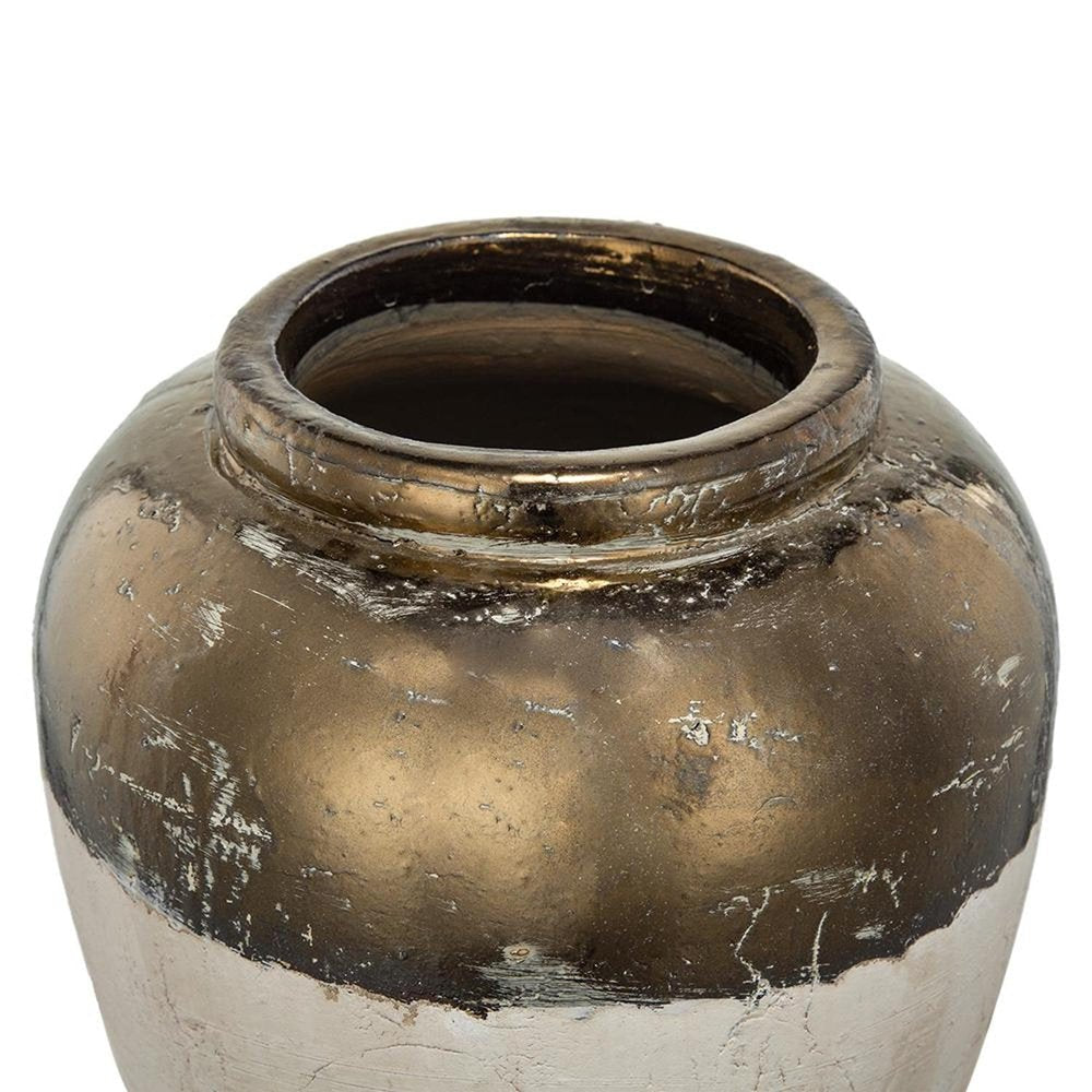 11" Beige And Bronze Terracotta Round Jug Vase