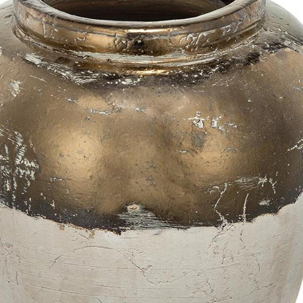 11" Beige And Bronze Terracotta Round Jug Vase