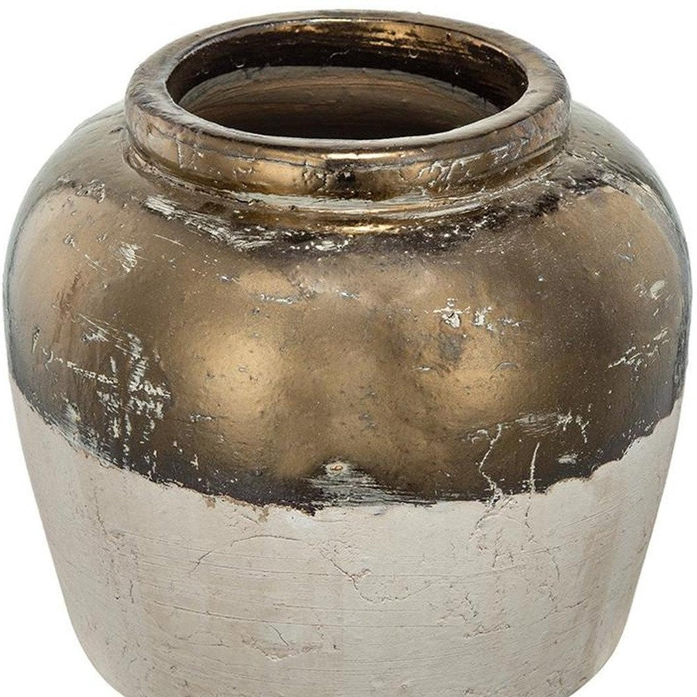 11" Beige And Bronze Terracotta Round Jug Vase