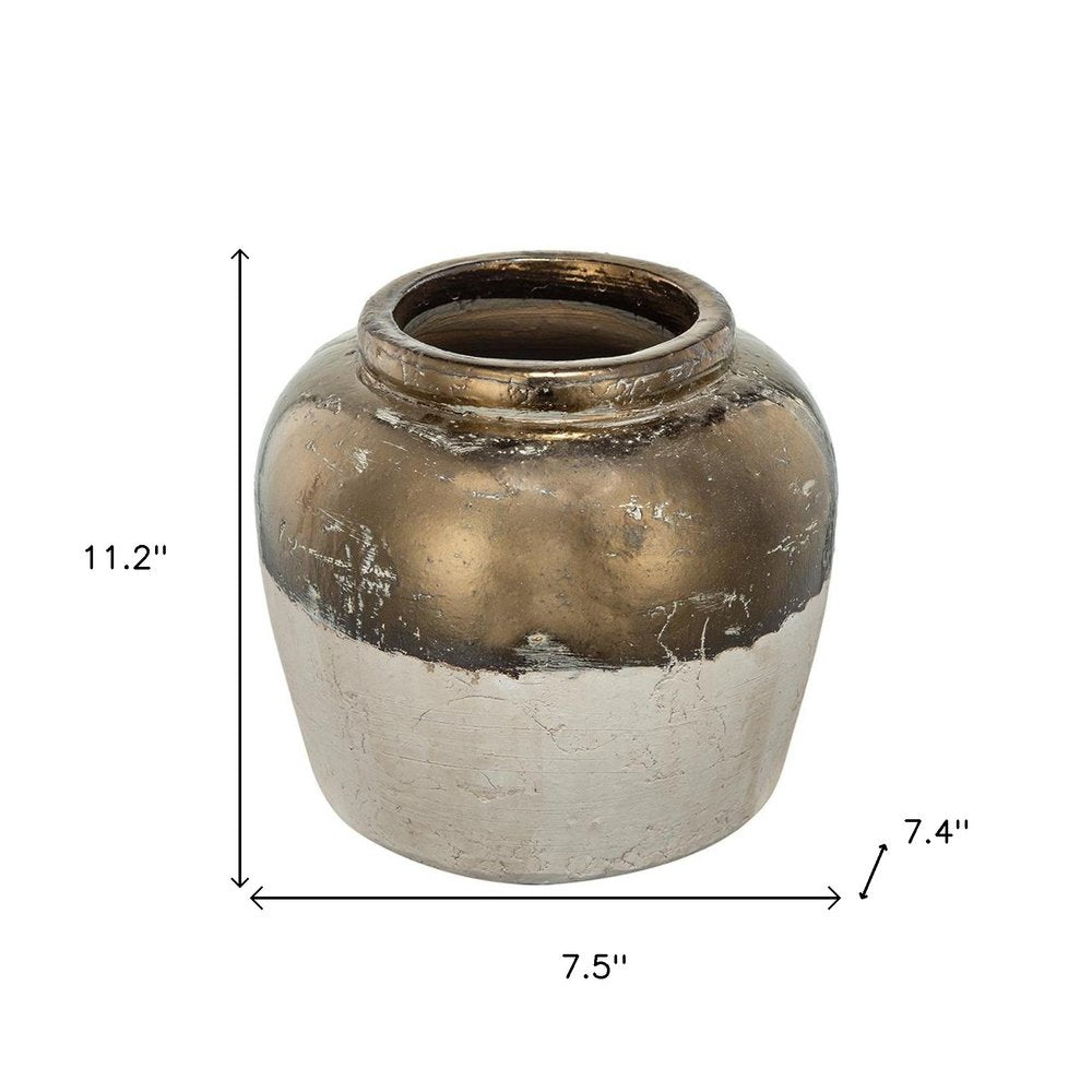 11" Beige And Bronze Terracotta Round Jug Vase