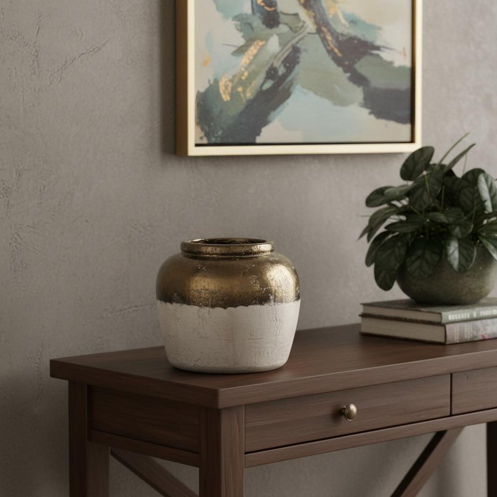 11" Beige And Bronze Terracotta Round Jug Vase