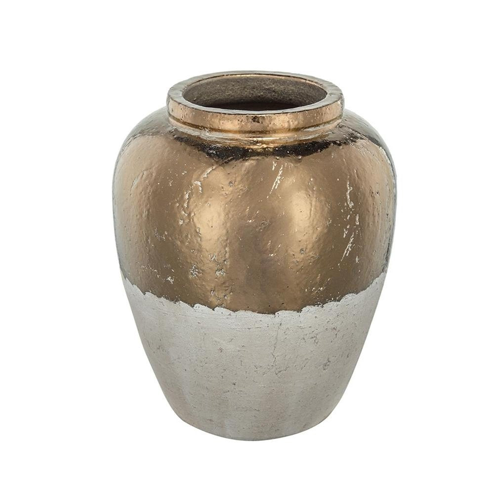 16" Beige And Bronze Terracotta Round Jug Vase