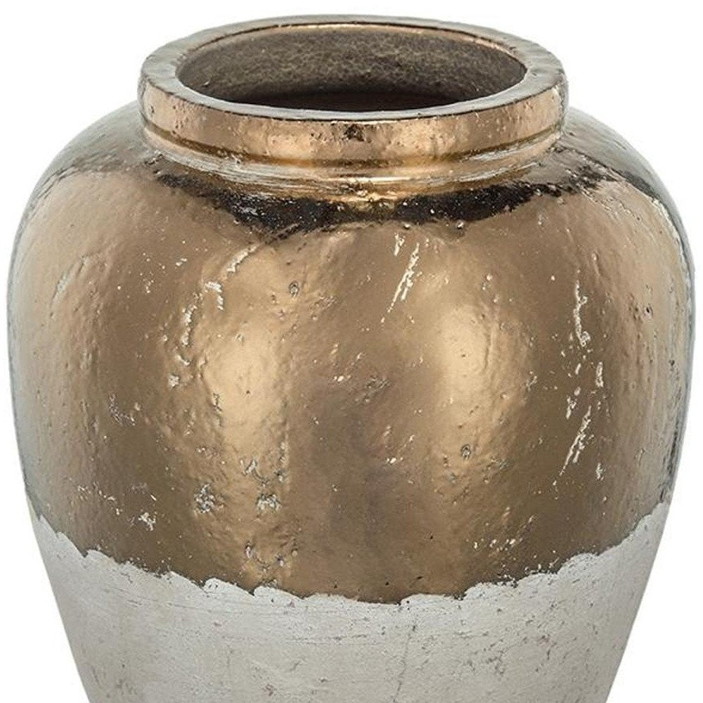 16" Beige And Bronze Terracotta Round Jug Vase