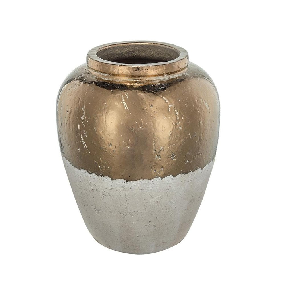 16" Beige And Bronze Terracotta Round Jug Vase