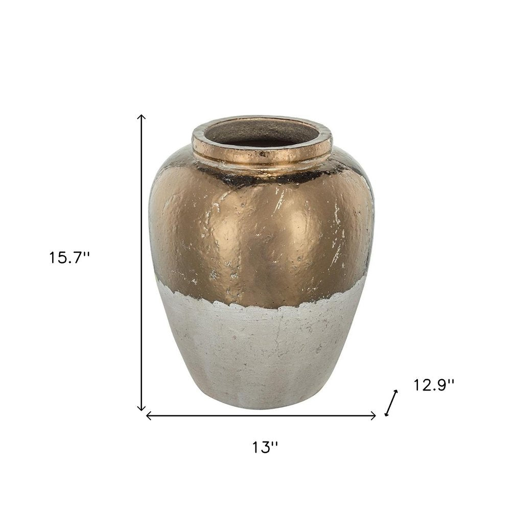 16" Beige And Bronze Terracotta Round Jug Vase
