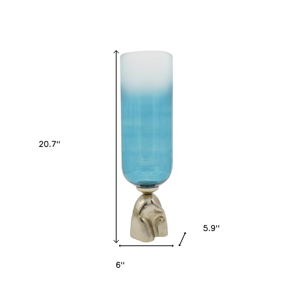 21" Blue White And Gold Ombre Glass And Aluminum Pedestal Table Vase