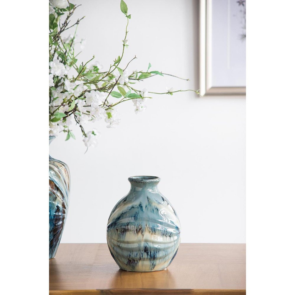 11" Blue Beige And Brown Abstract Round Ceramic Table Vase