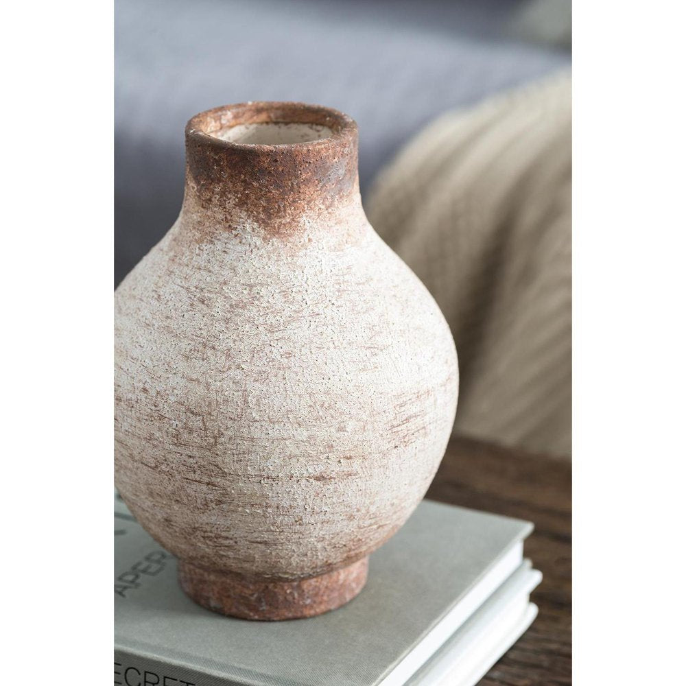 8" Ivory And Brown Round Ceramic Table Vase