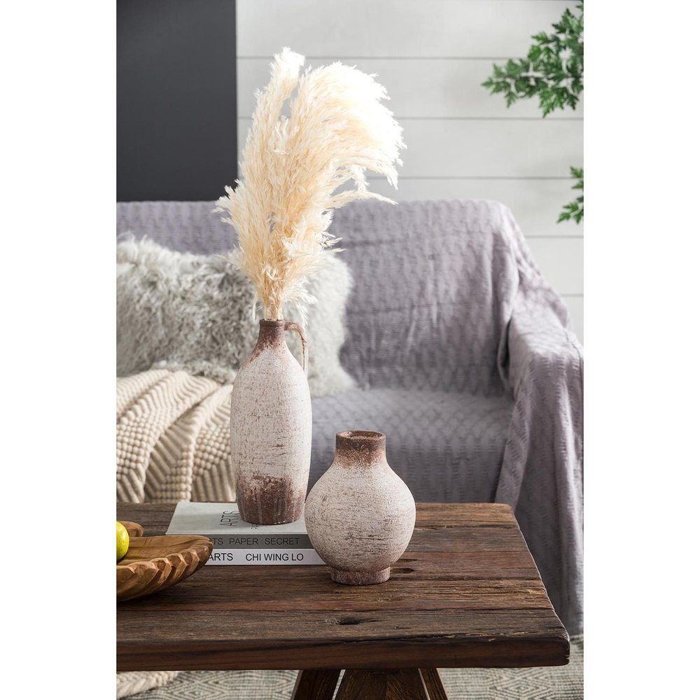 8" Ivory And Brown Round Ceramic Table Vase