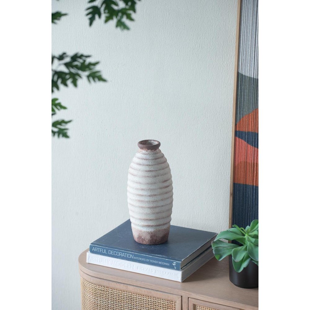 11" Ivory And Brown Round Ceramic Table Vase