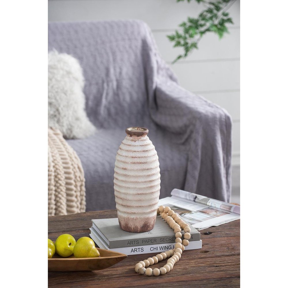 11" Ivory And Brown Round Ceramic Table Vase