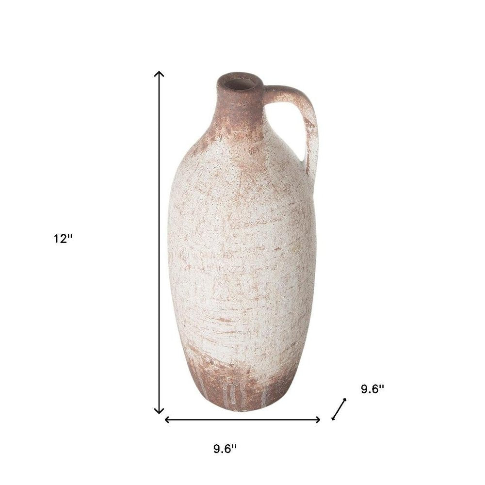 12" Ivory And Brown Ceramic Round Jug Vase