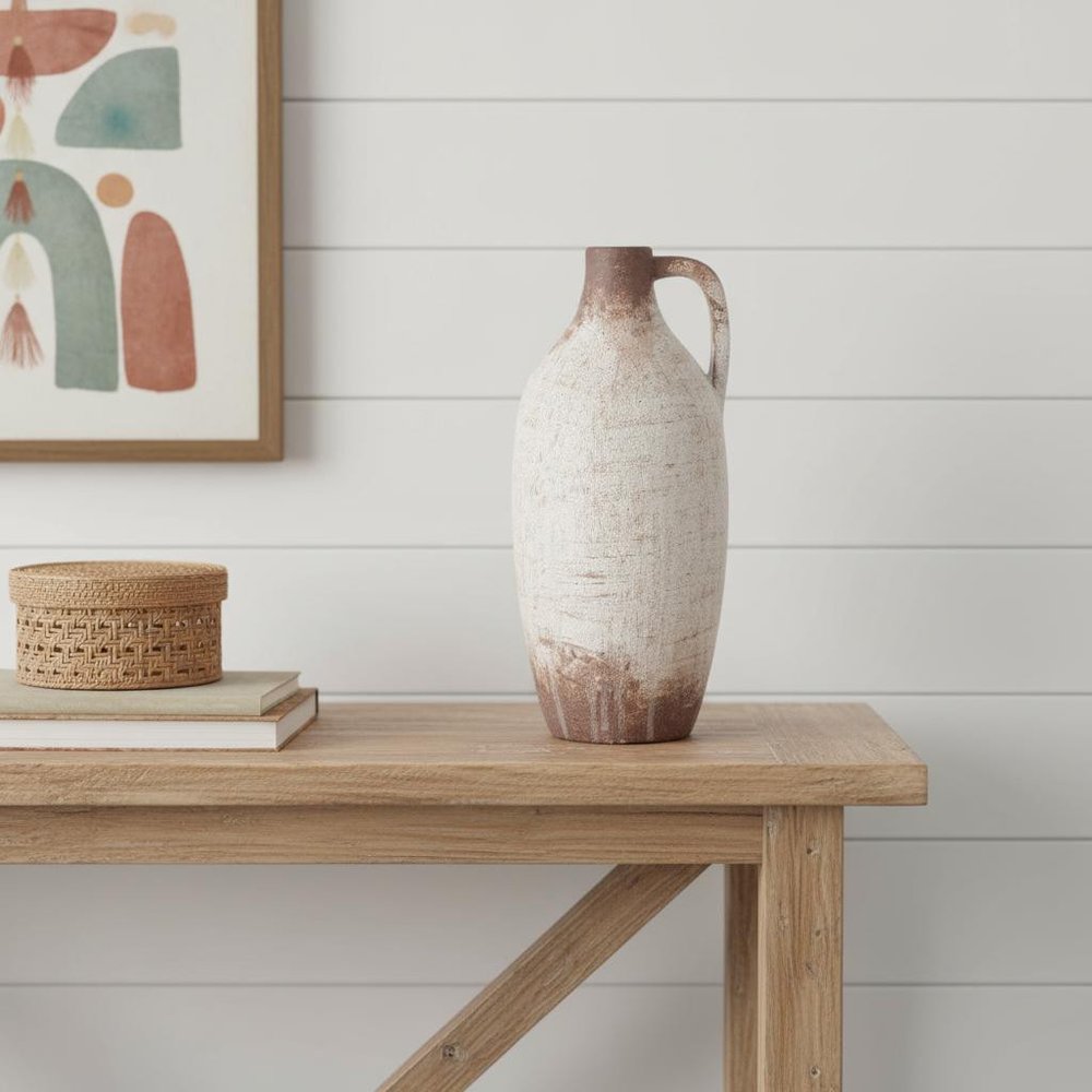 12" Ivory And Brown Ceramic Round Jug Vase