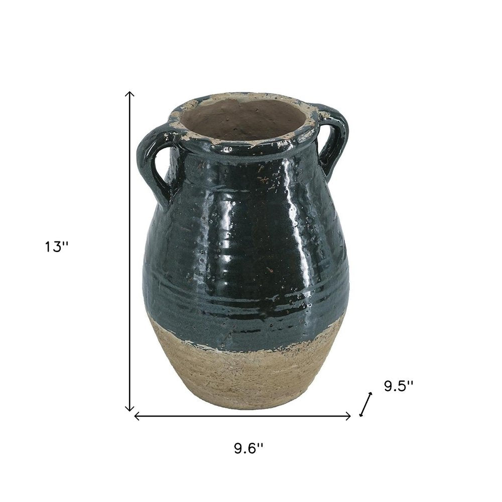 13" Beige And Black Terracotta Round Jug Vase