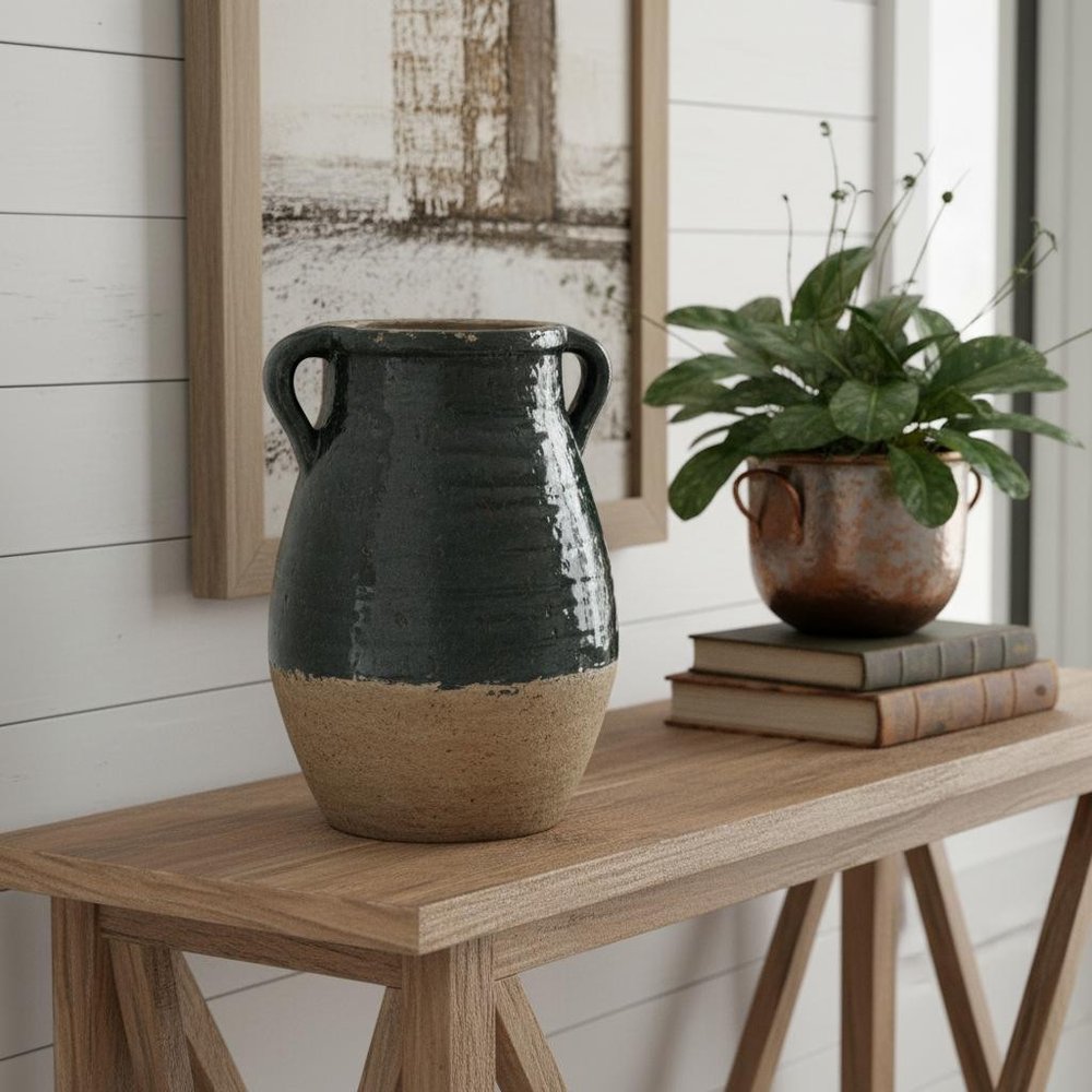 13" Beige And Black Terracotta Round Jug Vase