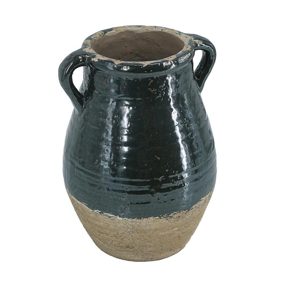 13" Beige And Black Terracotta Round Jug Vase