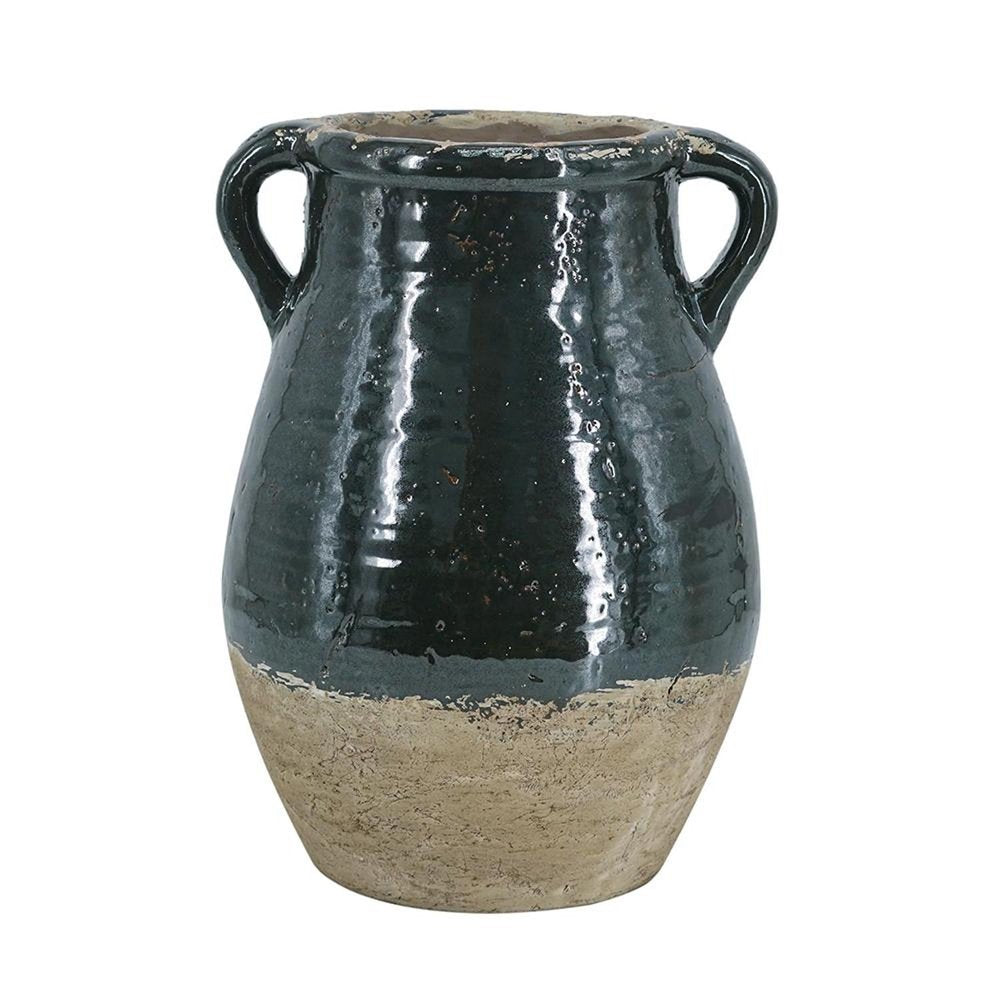 13" Beige And Black Terracotta Round Jug Vase