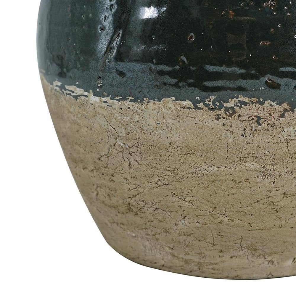 13" Beige And Black Terracotta Round Jug Vase
