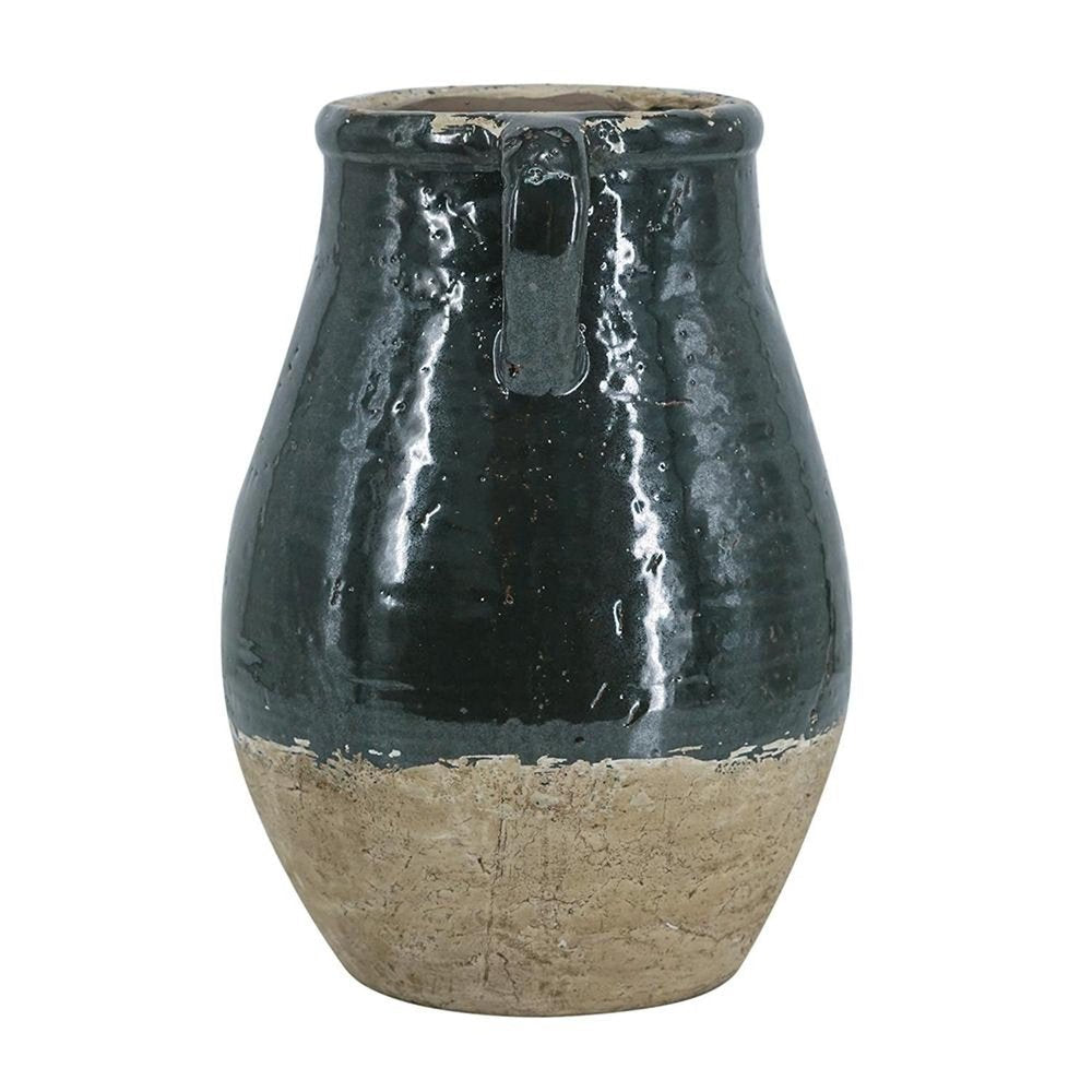 13" Beige And Black Terracotta Round Jug Vase
