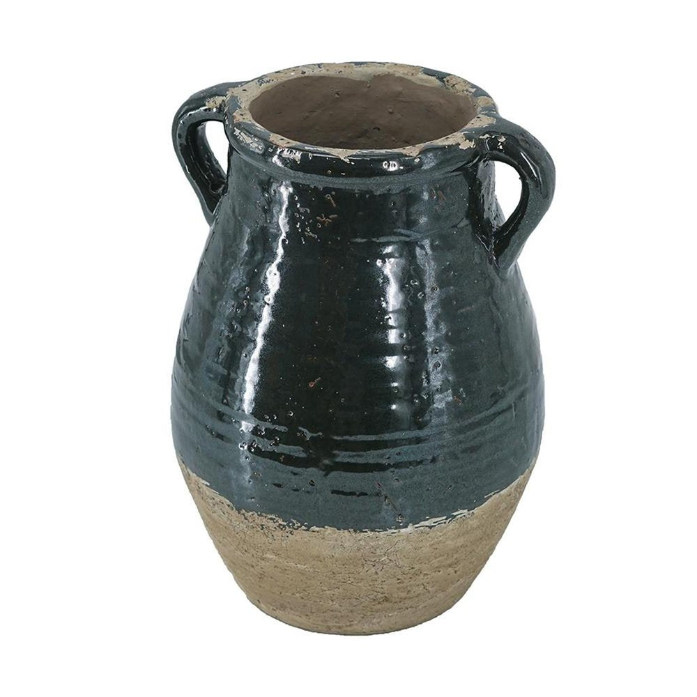 13" Beige And Black Terracotta Round Jug Vase