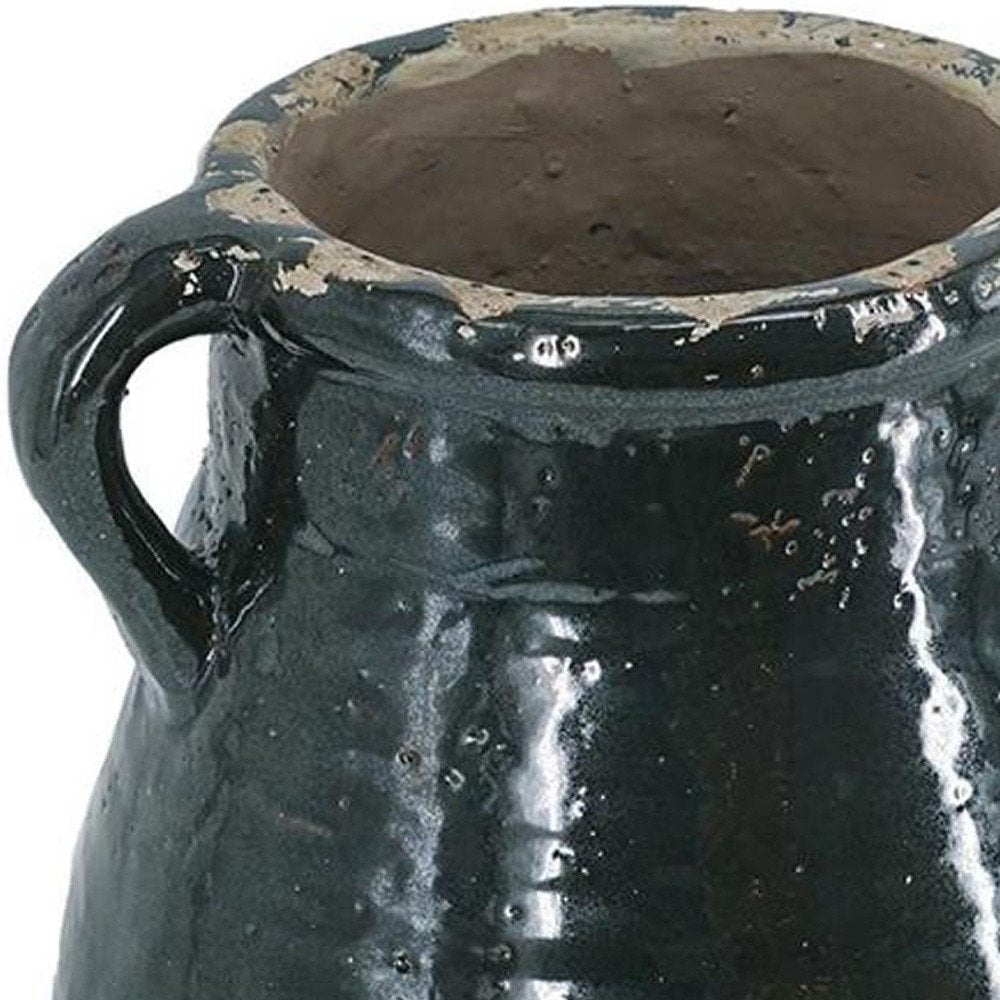 13" Beige And Black Terracotta Round Jug Vase
