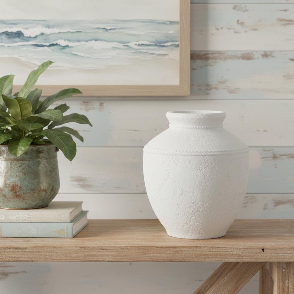 14" White Terracotta Round Jug Vase