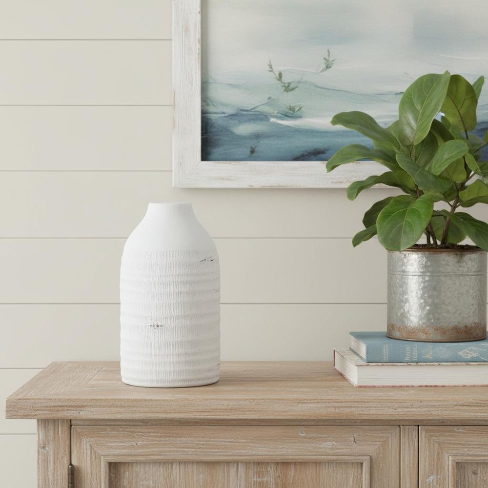 12" White Stoneware Round Jug Vase