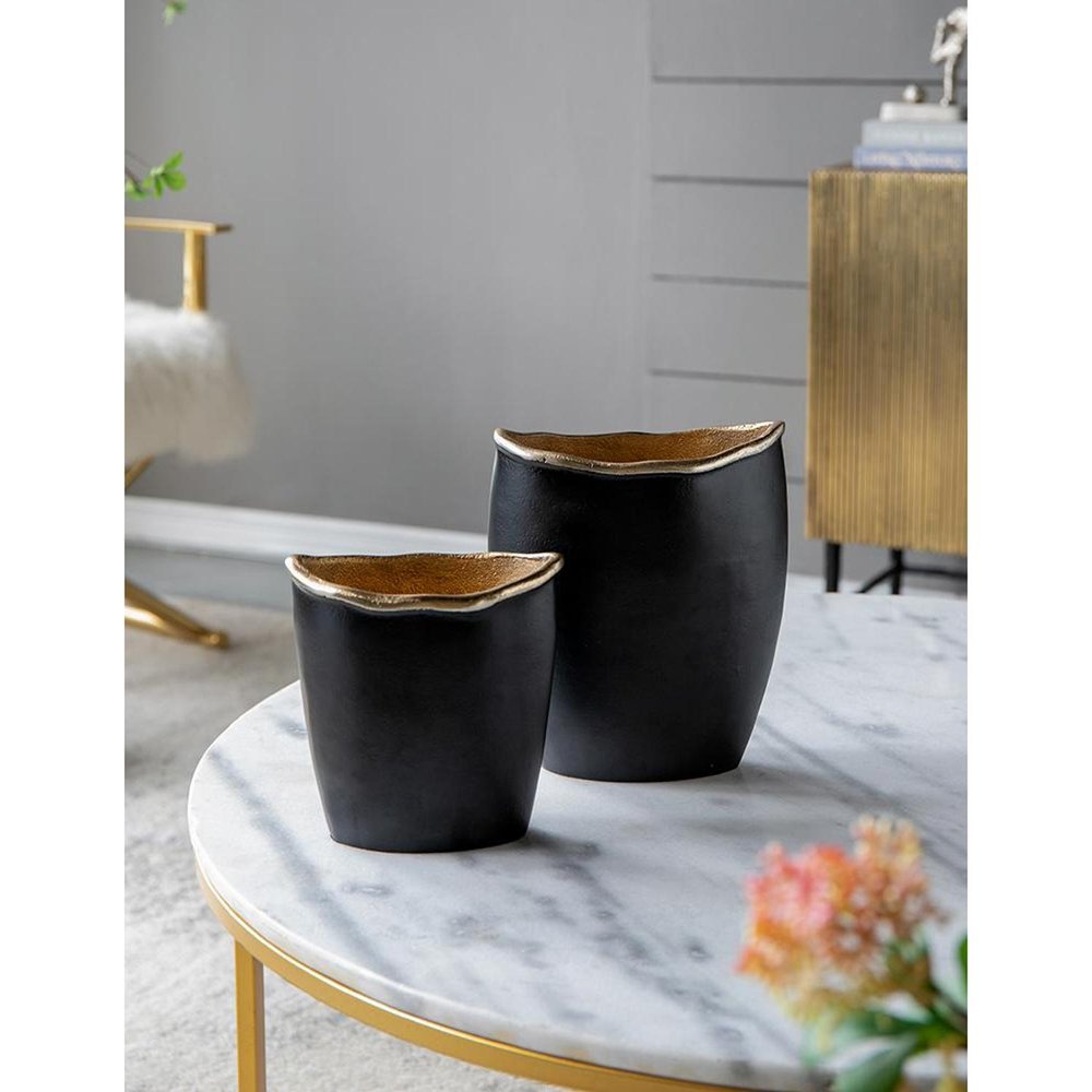 8" Black And Gold Cast Aluminum Oval Table Vase