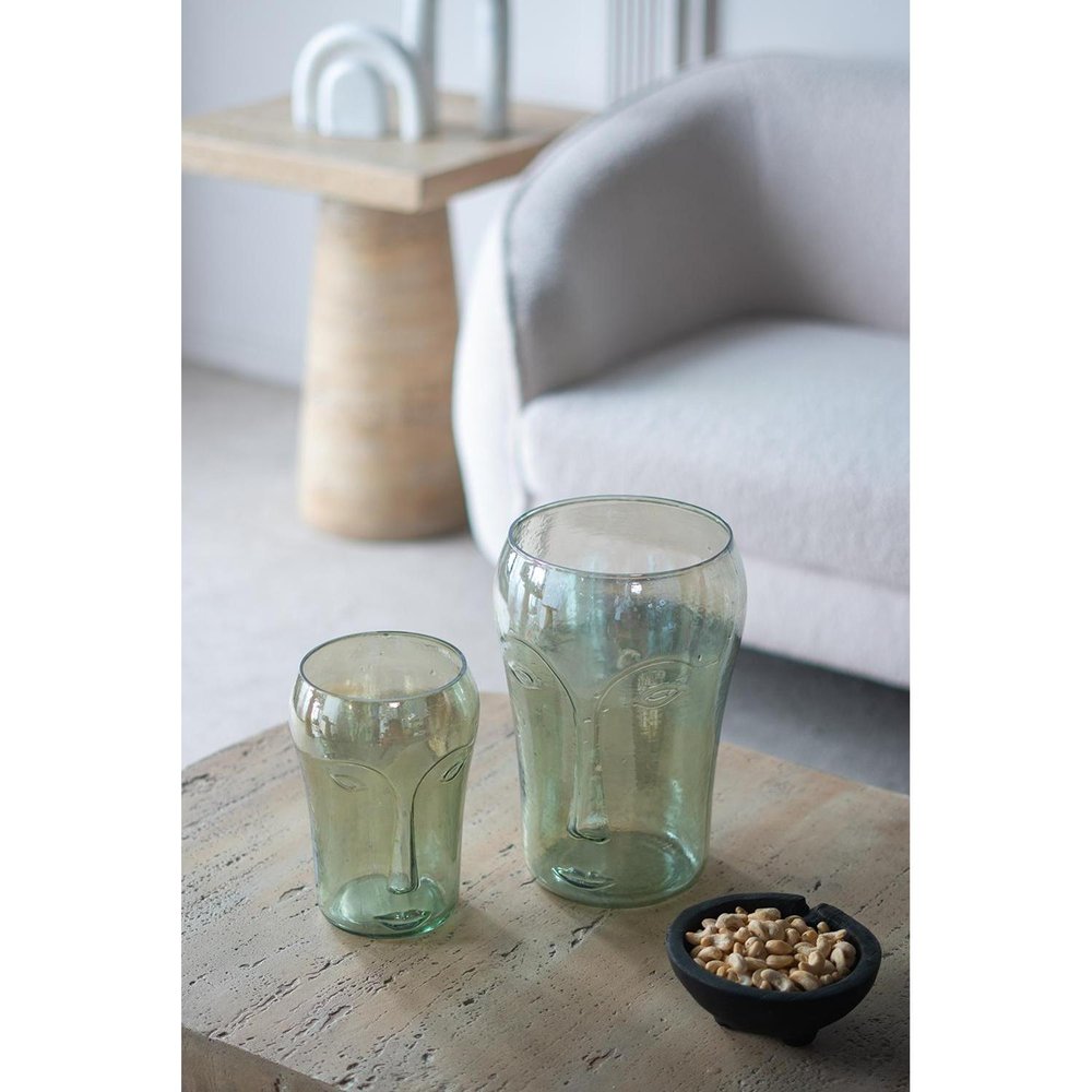 Set of Two Light Green Glass Modern Abstract Faces Table Vases