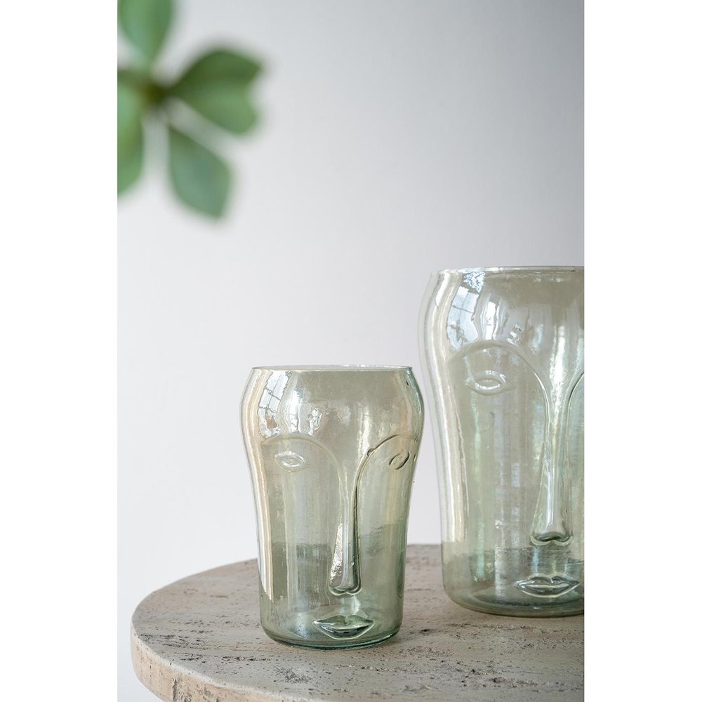 Set of Two Light Green Glass Modern Abstract Faces Table Vases
