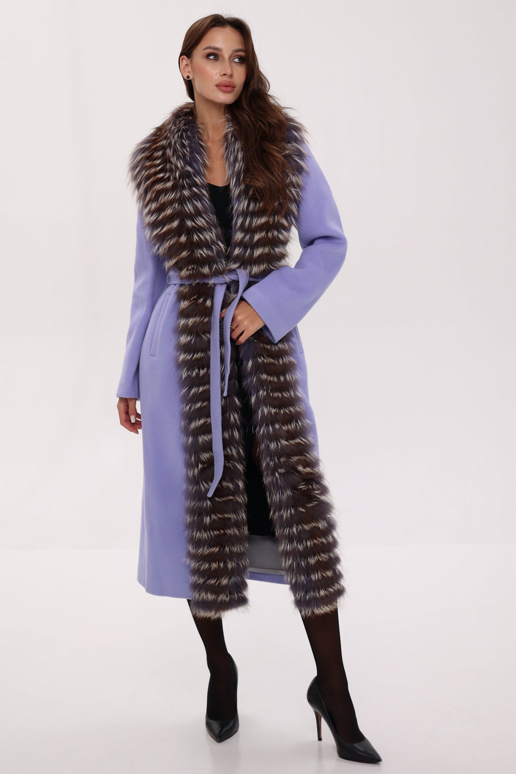 Genuine Silver Fox Virgin Wool Wrap Coat in Lavender