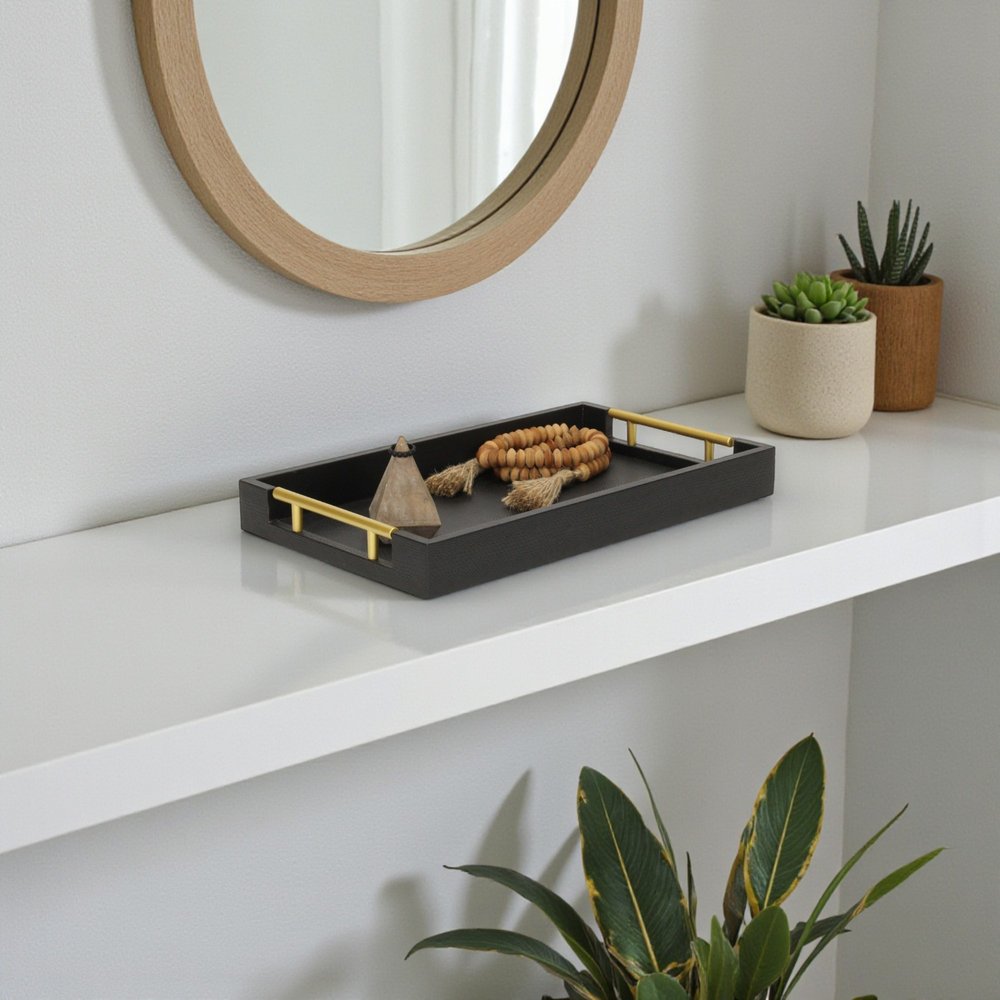 16" Black Wood Faux Shagreen Serving Tray With Handles