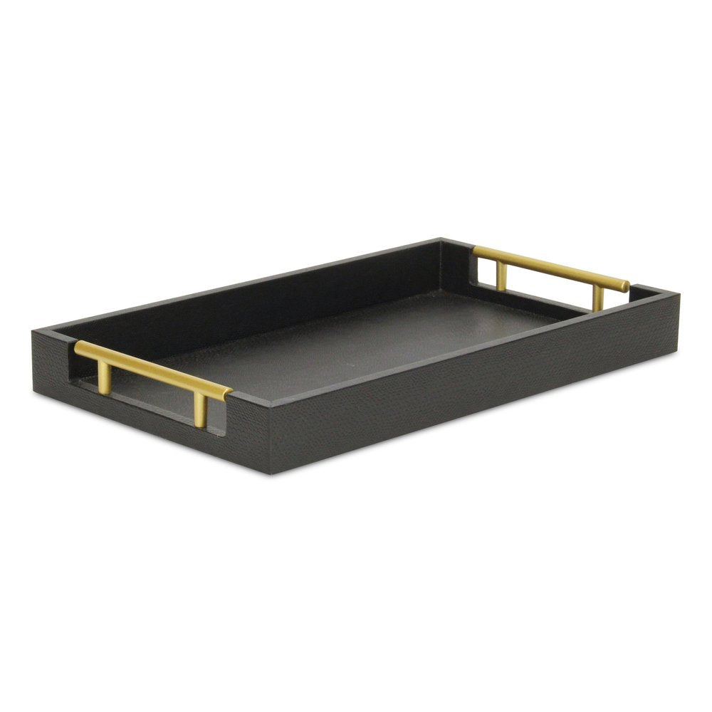 16" Black Wood Faux Shagreen Serving Tray With Handles