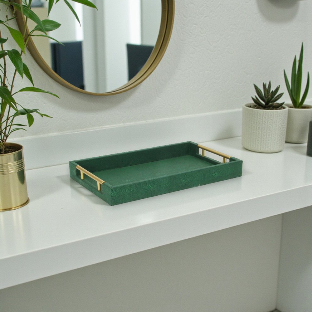 16" Green Wood Wood Faux Shagreen Serving Tray With Handles