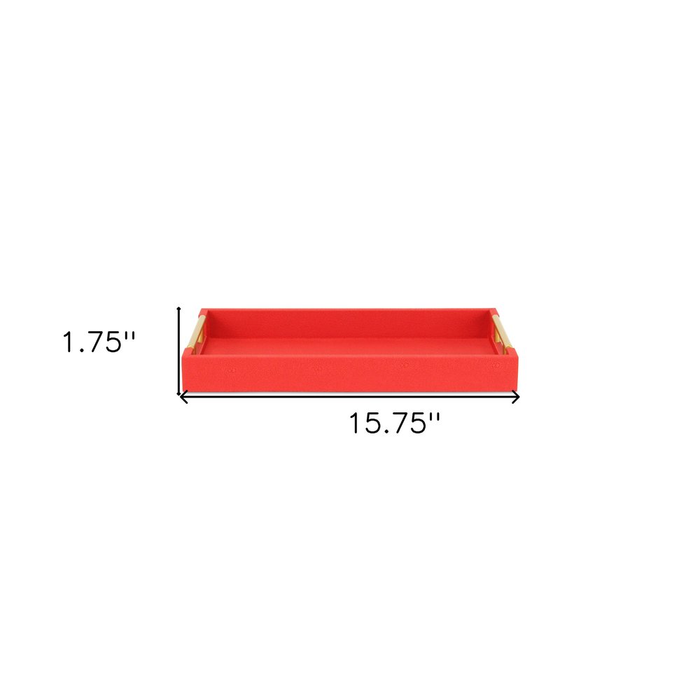16" Red Wood and Vinyl Faux Shagreen Handmade Serving Tray With Handles