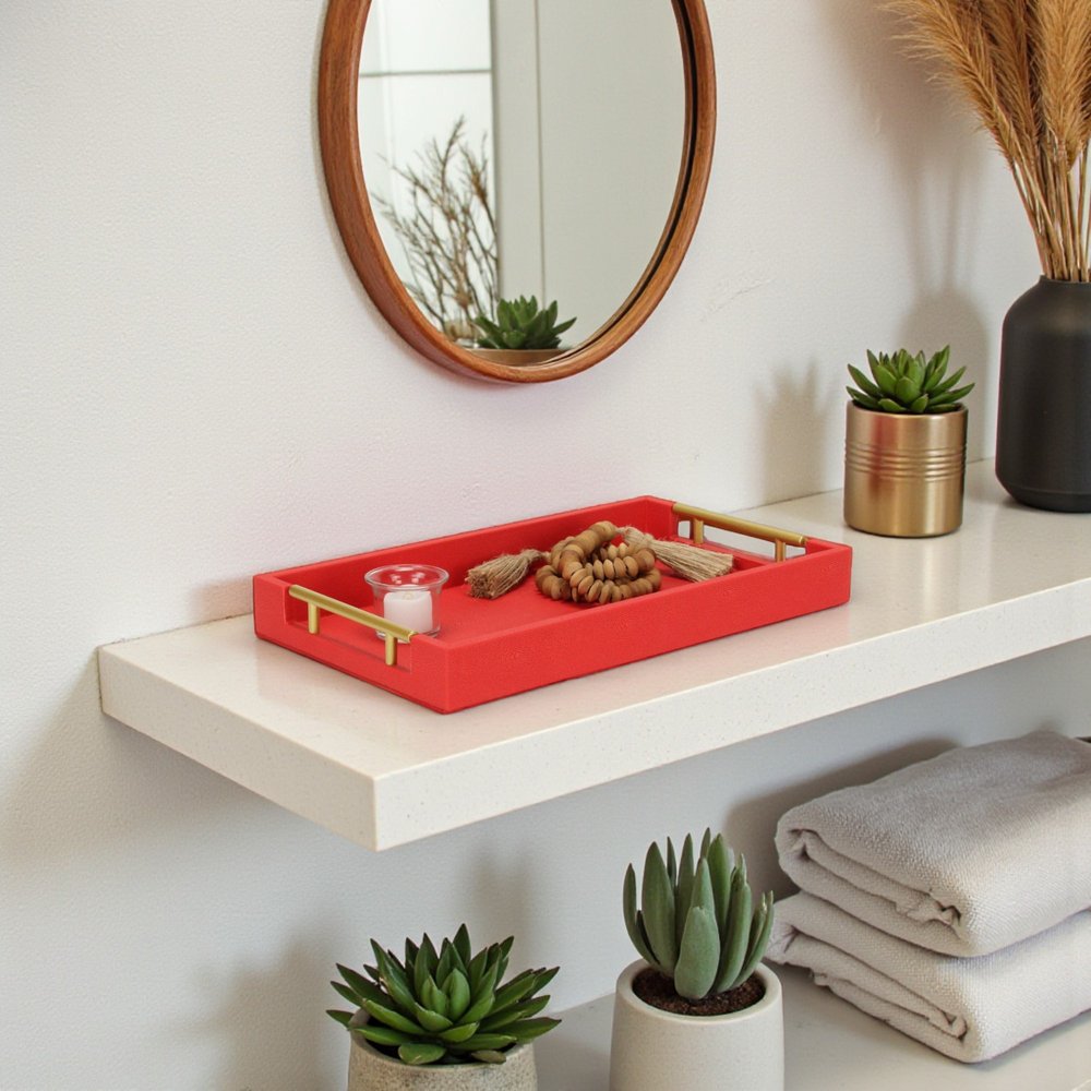 16" Red Wood and Vinyl Faux Shagreen Handmade Serving Tray With Handles