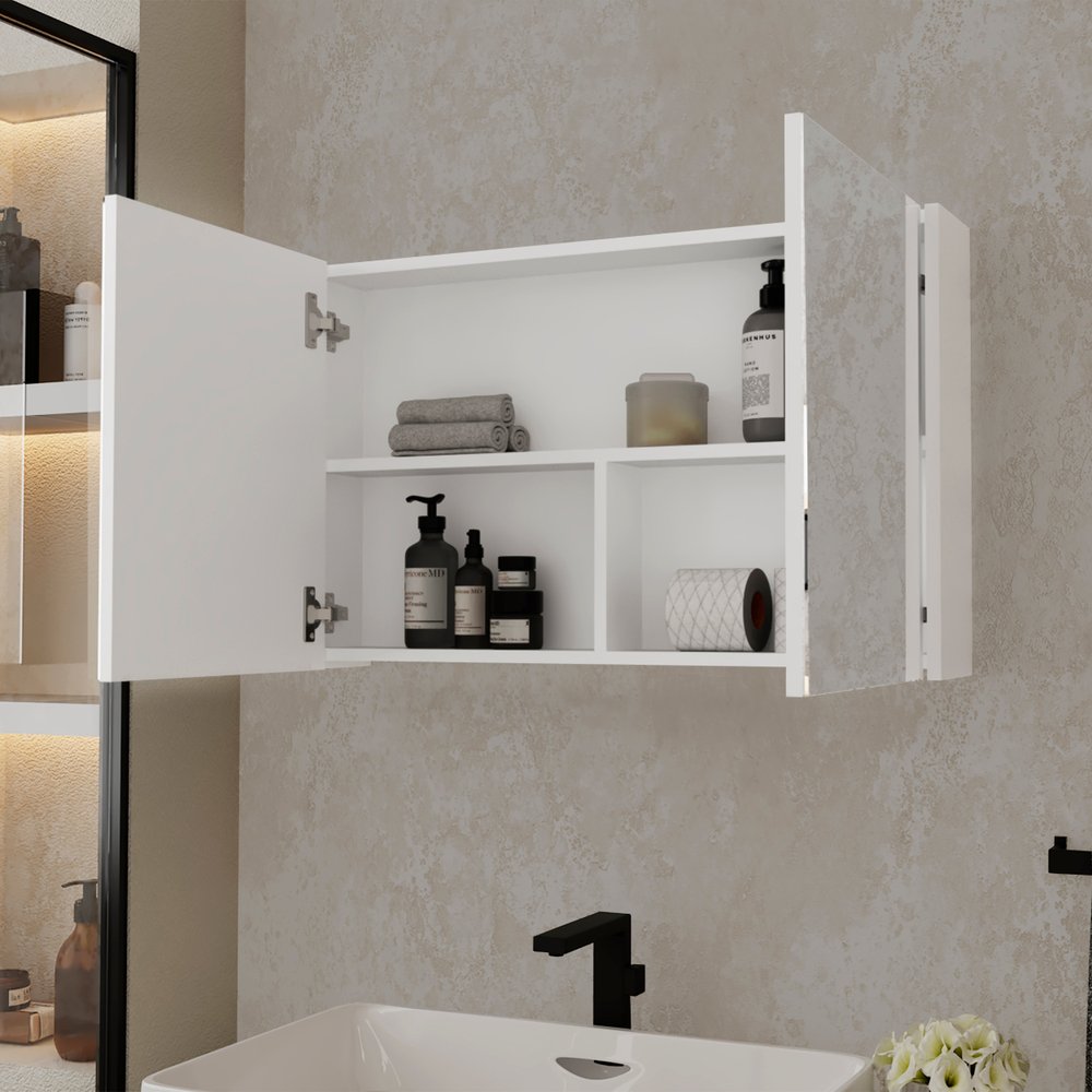 32" White Wood Floating Double Door Bathroom Vanity And Medicine Cabinet With Mirror