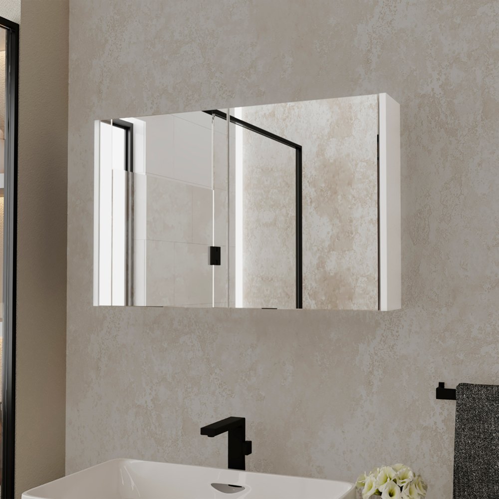 32" White Wood Floating Double Door Bathroom Vanity And Medicine Cabinet With Mirror