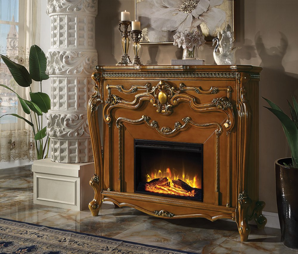 59" Brown Wood Ornate Carved Scrollwork Electric Fireplace With Mantle