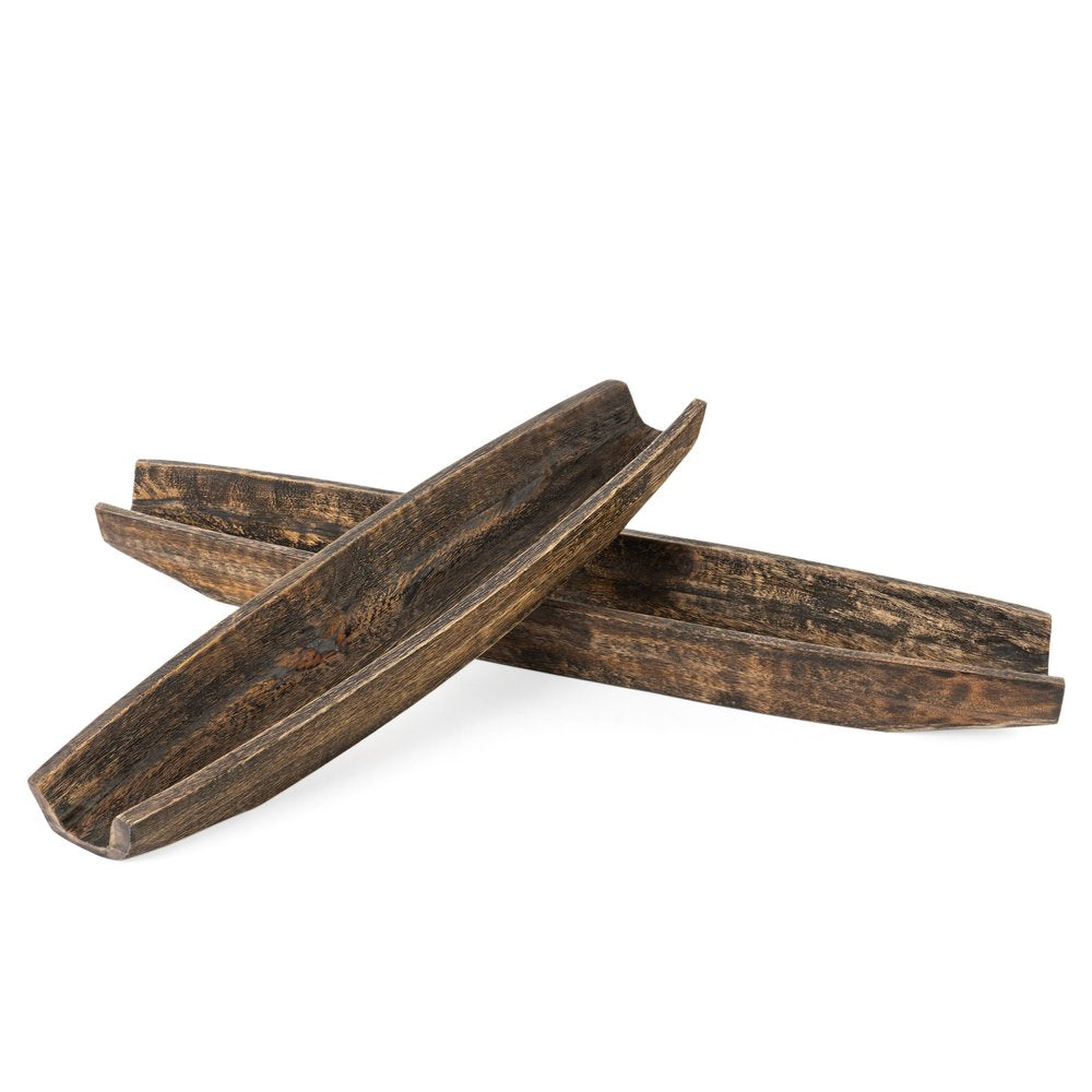 Set of Two Dark Brown Solid Wood Boat Vanity Trays