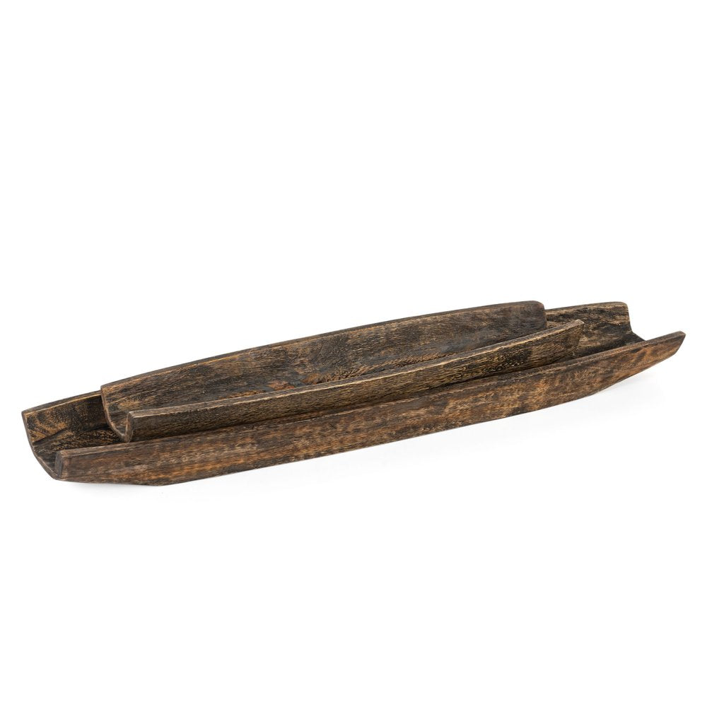 Set of Two Dark Brown Solid Wood Boat Vanity Trays