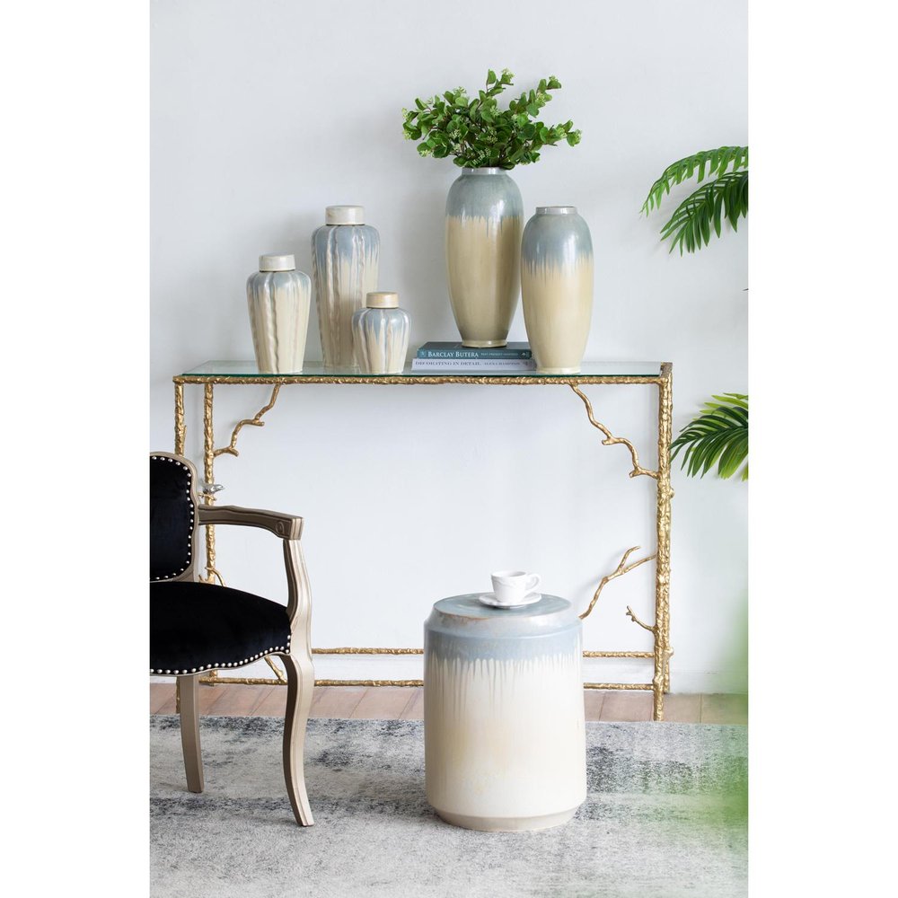 16" Blue And Cream Reactive Glaze Ceramic Cylinder Table Vase