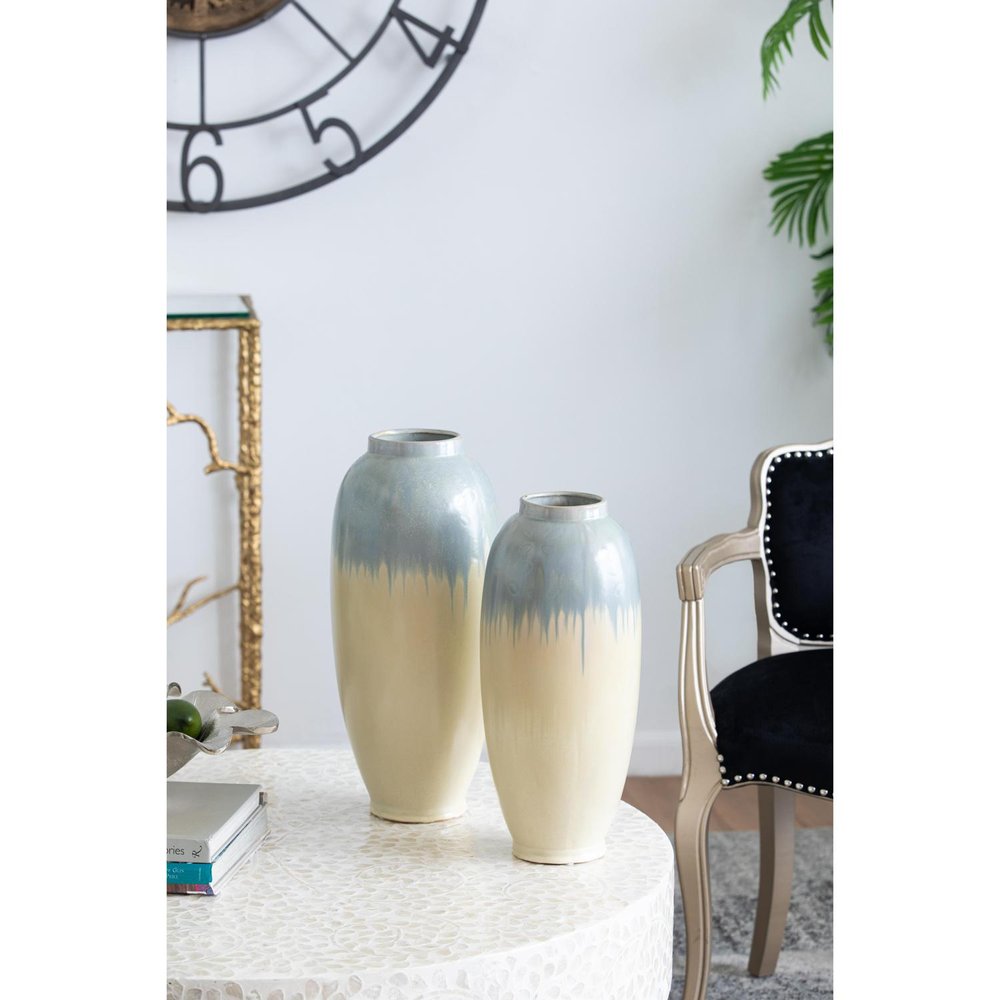 16" Blue And Cream Reactive Glaze Ceramic Cylinder Table Vase