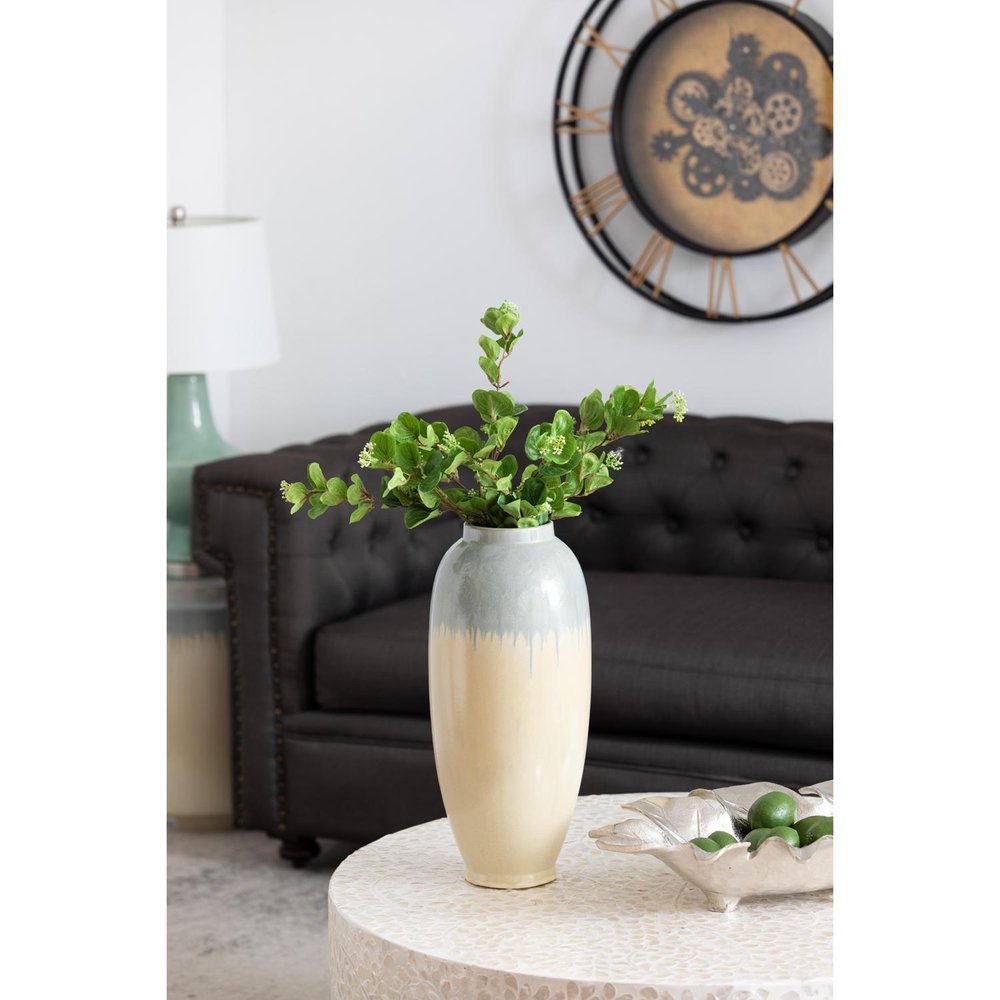 16" Blue And Cream Reactive Glaze Ceramic Cylinder Table Vase