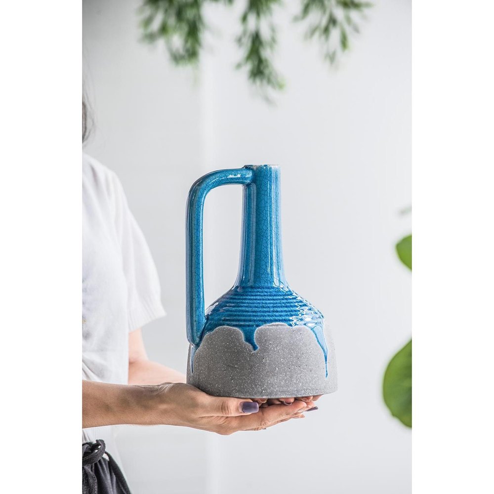 9" Blue And Gray Ceramic Bud Jug Vase
